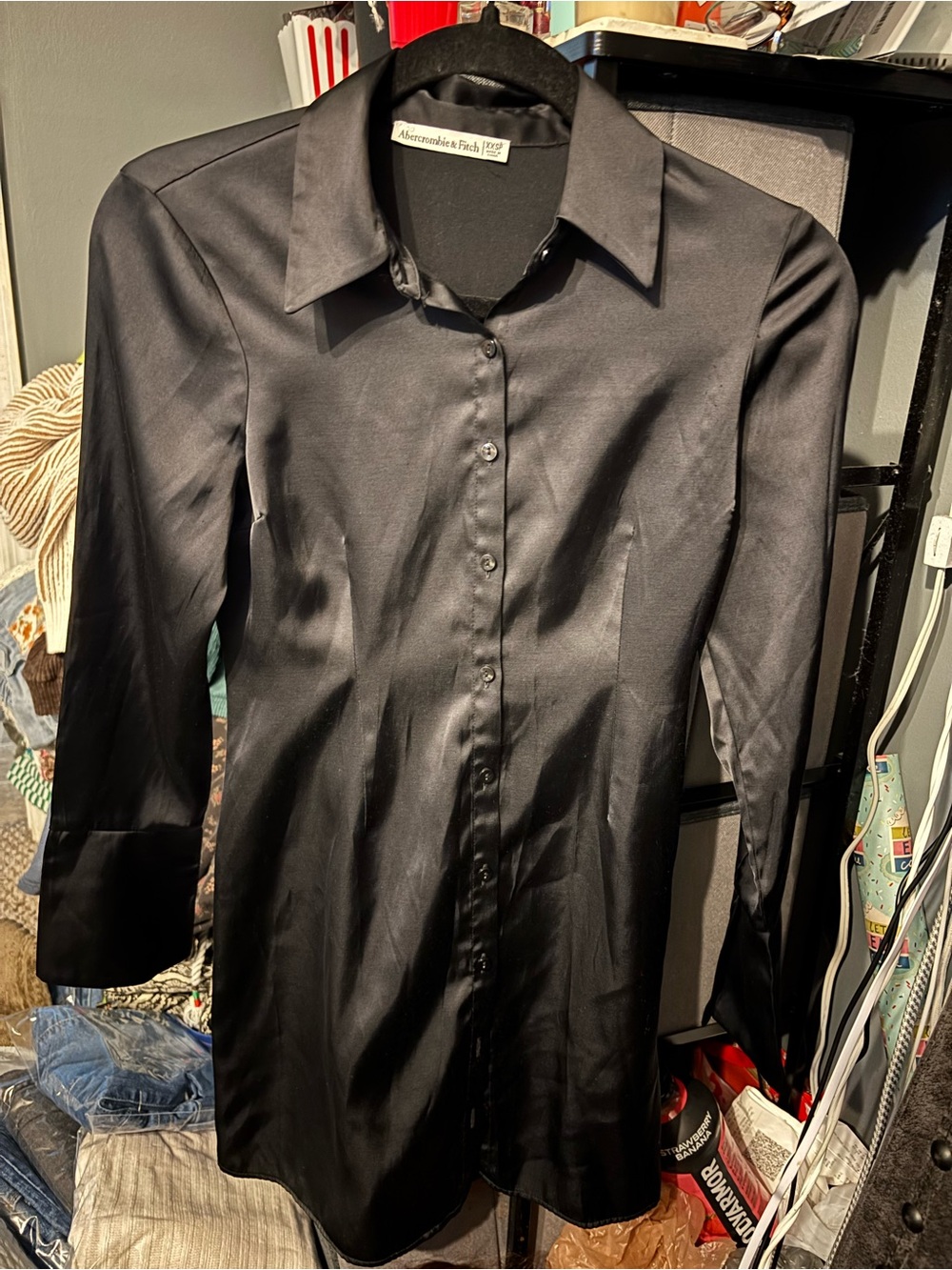 Abercrombie & Fitch Black Satin Button-Down Dress  XXS